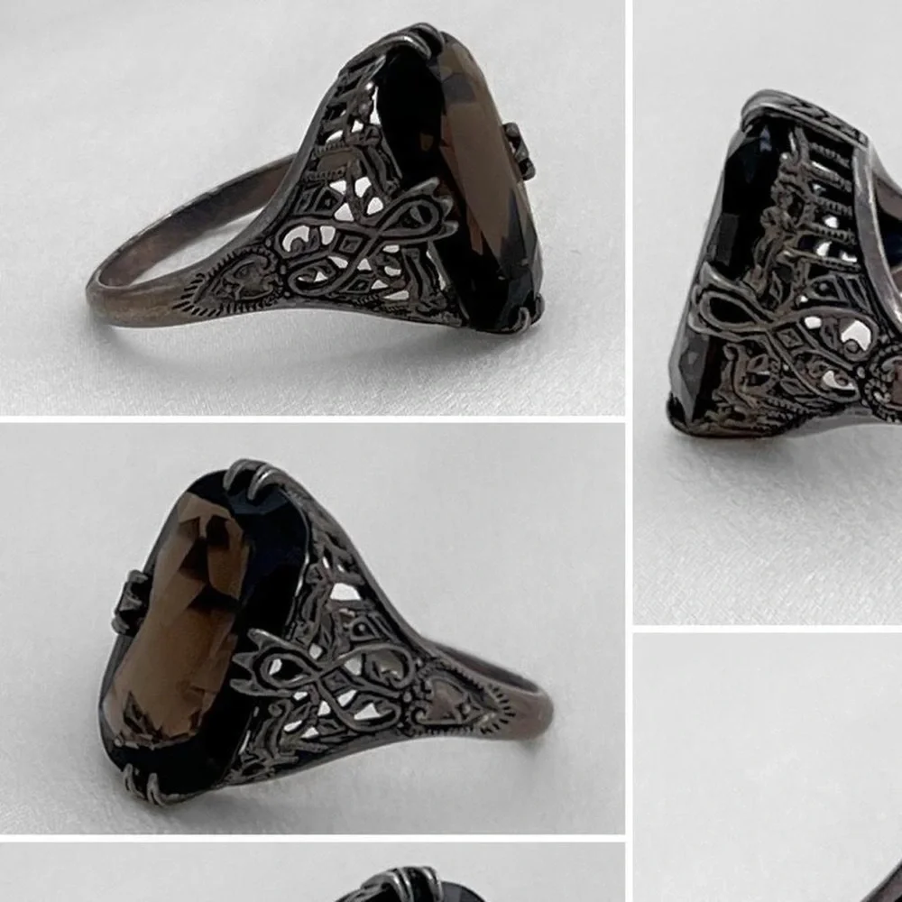 Vintage sterling silver art nouveau smokey quartz ring - Picture 5 of 7